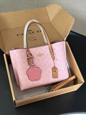 Coach Mollie Tote Bag 25 In Signature Canvas With Charms Gold/Powder Pink CER2